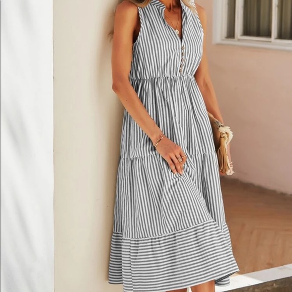 Boho striped notched neck button detail dress - Picture 14 of 16